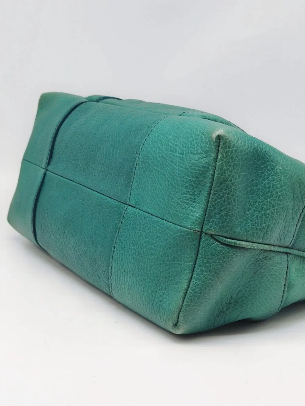 Celine Pebbled Leather Satchel Handbag Turquoise Blue Teal Silver Hardware